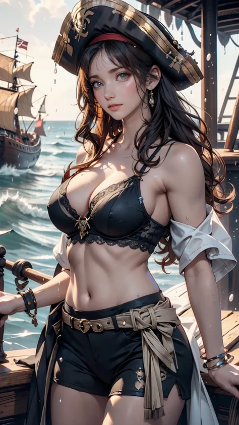 (Tabletop, Highest quality, Awards, High resolution), 1 Beautiful female pirate, skinny, expensive, pirate hat, Intricate pirate costume, Intricate and beautiful design, Highly detailed beautiful face, Wavy Hair, Fine, flowing hair, pirate shipの舵を取る, pirat...