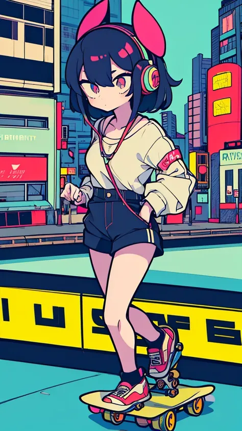 Best quality, (masterpiece:1.2), best detail face,1 girl is walking, good breasts, 18 yo, 8k,absurdres,unity 8k wall paper,(extremely detailed:1.3), highest realistic, (retro headphones:1.1),(psychedelic:1.2),Retro cityscape, 1girl in, retro artstyle, neon...