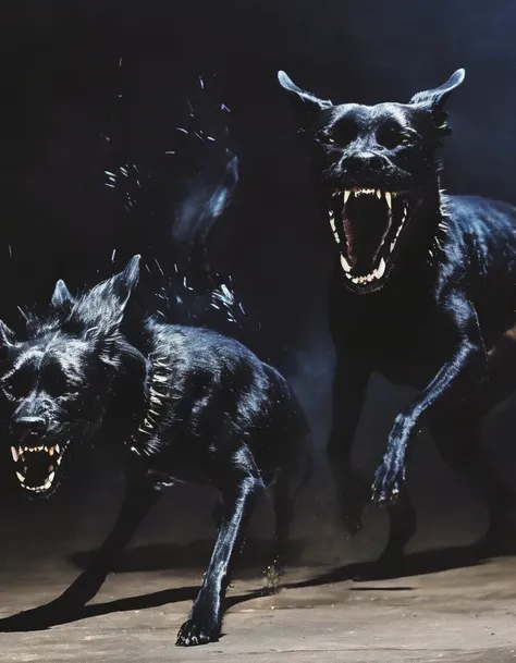 fashion shoot of an angry black dogs running on the night street