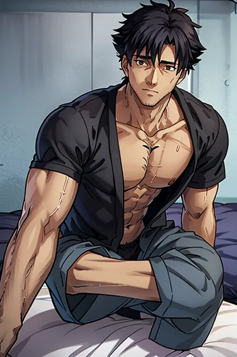 kiritsugu eimya is lying sideways, facing you, in bed. his muscular body is exposed; only wearing black calvin klein boxers. his...