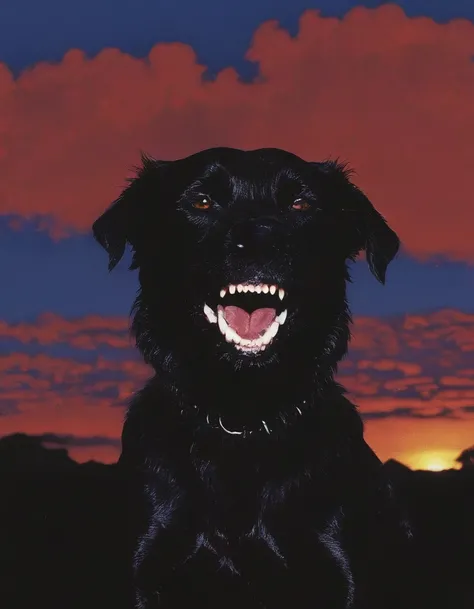 black dog with giant teeths all over head, sunrise background