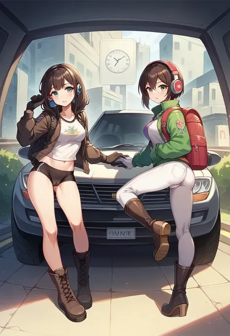 ((high quality)), ((masterpiece)), 8k, Two Girls, car, light, Highly detailed CG Unity 8k wallpaper, CG games, View your viewers, gloves, boots, whole body, clock , computer, mask, Drone, Possession of a gun, Headphones, Jacket, bag, Backpack, Camel Toe, n...