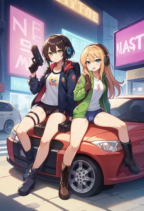 ((high quality)), ((masterpiece)), 8k, Two Girls, car, light, Highly detailed CG Unity 8k wallpaper, CG games, View your viewers, gloves, boots, whole body, clock , computer, mask, Drone, Possession of a gun, Headphones, Jacket, bag, Backpack, Camel Toe, n...