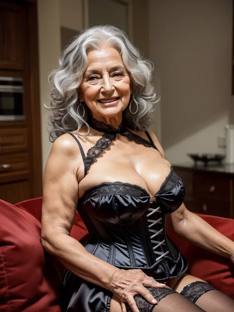 Mature old woman 80 years with curly silver hair, plus size, old face and body with many wrinkles, smiling, loose skin, sitting at home posing for photo, She satin black corset with large neckline, satin skirt and lace stockings, side view. jaw dropping ma...