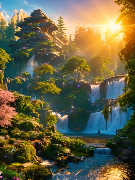 Science Fiction, Cities stempunk futuristic design large city, a artificial waterfall and a pond with colorful flowers in the middle, nature meets forest architecture, built inside dark forest, real nature, realistic image, steampunk technology, steampunk ...