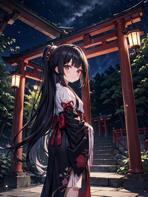 masutepiece, ultra-detailliert, best quality, at night, little smile, a lot of fireflies, Shrine maiden, shrine, Deep forest, Stone torii gate, Black Hair, long hair, (Blunt Bangs:1.6), Hair tied in a ponytail, black eyes, Juozhen, White Fox,