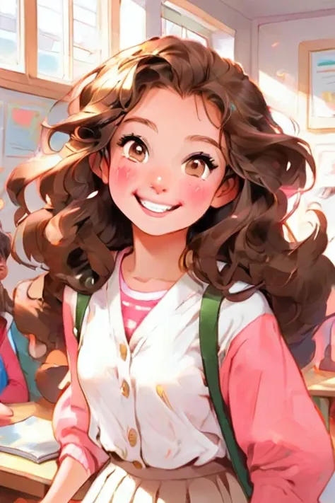 A beautiful young student girl smiling, wide grin, long brown curls, light brown eyes, white skirt, pink cardigan, in a classroom