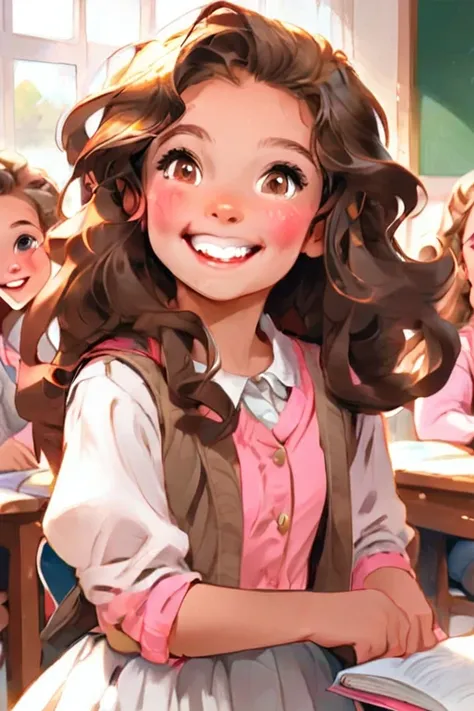 A beautiful young student girl smiling, wide grin, long brown curls, light brown eyes, white skirt, pink cardigan, in a classroom