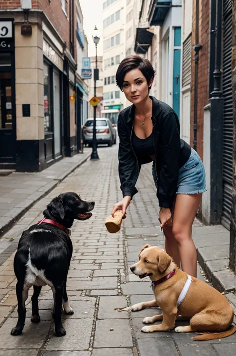 A young short haired women feeding biscuits to the indie dogs, on the pavement. 
The dog was with her pups