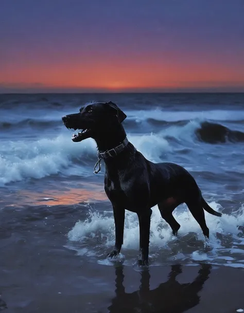 hd quality, black dog in sea at night, blue background