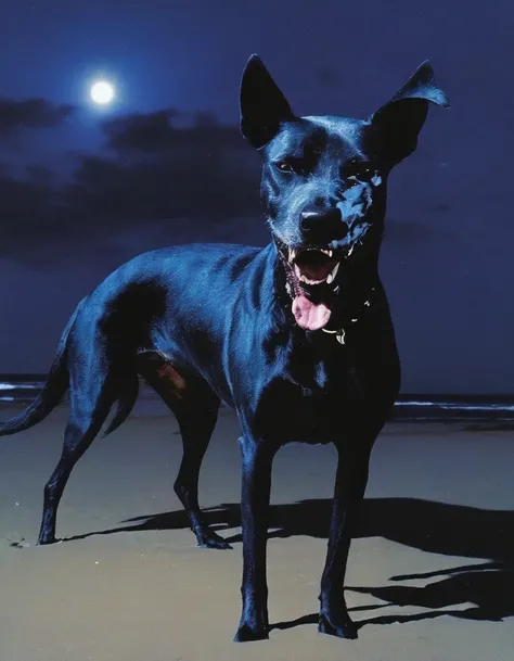  black dog on beach at night, blue background