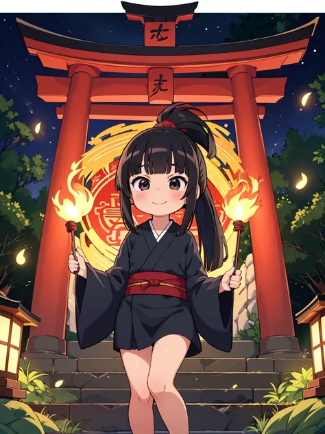 masutepiece, ultra-detailliert, best quality, at night, little smile, a lot of fireflies, Shrine maiden, shrine, Deep forest, Stone torii gate, Black Hair, long hair, (Blunt Bangs:1.6), Hair tied in a ponytail, black eyes, Juozhen, White Fox,