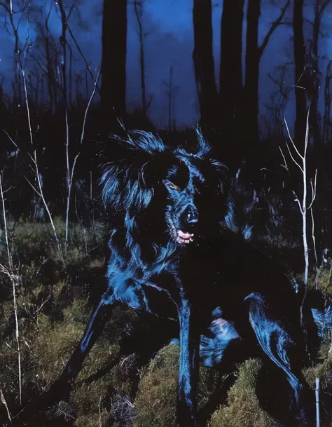  black dog in forest at night, blue background