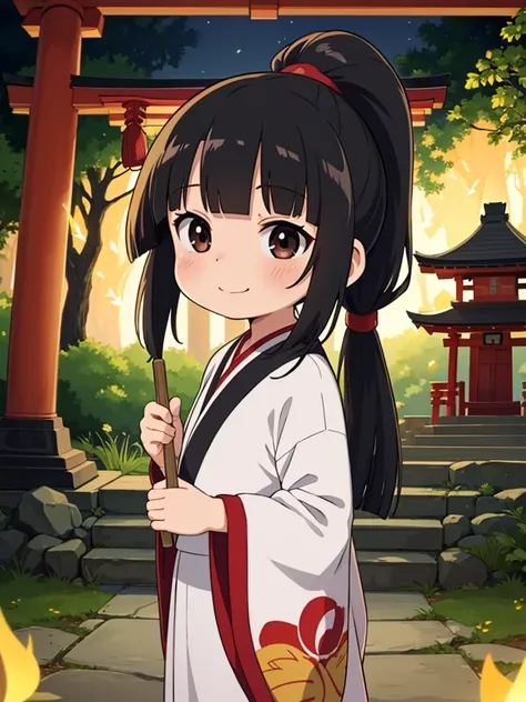 masutepiece, ultra-detailliert, best quality, at night, little smile, a lot of fireflies, Shrine maiden, shrine, Deep forest, Stone torii gate, Black Hair, long hair, (Blunt Bangs:1.6), Hair tied in a ponytail, black eyes, Juozhen, White Fox,