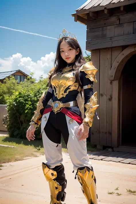 A woman adorned in fantasy-style full-body armor, a crown-concept fully enclosed helmet that unveils only her eyes, a composite layered chest plate, fully encompassing shoulder and hand guards, a lightweight waist armor, form-fitting shin guards, the overa...