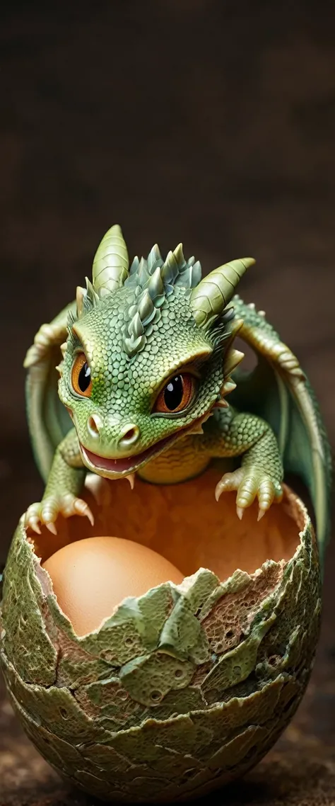 Baby dragon raises its small head from the egg, 