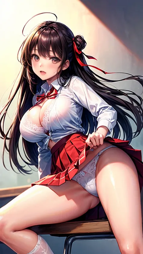 ((Highest quality:1.5)),Highest quality,One girl,whole body,((Big Breasts:1.5)),orgasm,blush, Sweat,Golden Eyes,Black Hair,((Long Hair:1.3)),Straight hair,Hair Ribbon, Both sides up,((White shirt,Pleated skirt,Red Skirt:1.3)),White knee socks,classroom,((O...