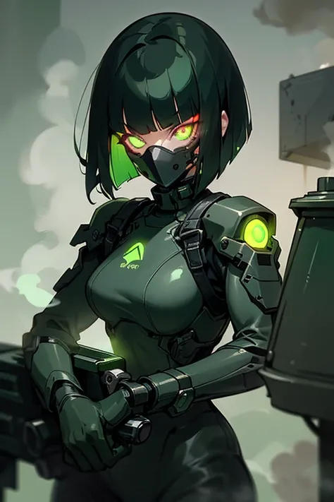 alone, 1 woman,30 years old, ((beautiful eyes)), (((glowing eye))), black hair, green color ed inner hair, bob cut, blunt bangs, black bodysuit
(angry:0.5), (green smog), (((green steam))), (steam:1.5), black mechanical mask, dark factory, assault rifle,