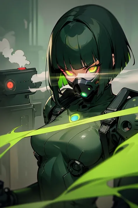 alone, 1 woman,30 years old, ((beautiful eyes)), (((glowing eye))), black hair, green color ed inner hair, bob cut, blunt bangs, black bodysuit
(angry:0.5), (green smog), (((green steam))), (steam:1.5), black mechanical mask, dark factory, assault rifle,