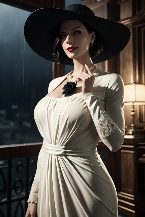 resident evil 8,madame dumitrescu,short hair,pure white skin,golden eyes,tall,white long dress,black hat, black rose brooch,phot...