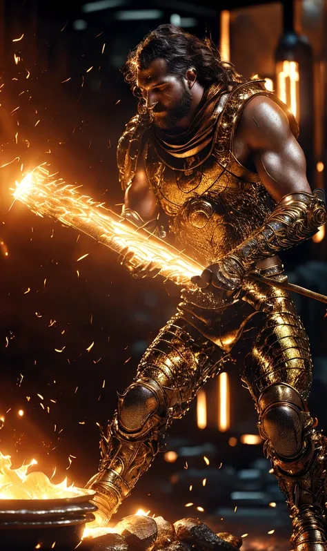 detailed golden forge, glowing molten metal, intense flames, muscular blacksmith, fire hair, sweat glistening, dynamic movement, intricate details, rich color palette, dramatic lighting, cinematic composition, award winning digital art, concept art, octane...