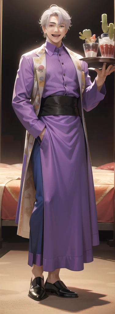 Portrait of a man in his 40s、stand、silver hair、clown、purple dress , open mouth smile , Long body、 full body、(desert:1.5)、Hand holding a large egg