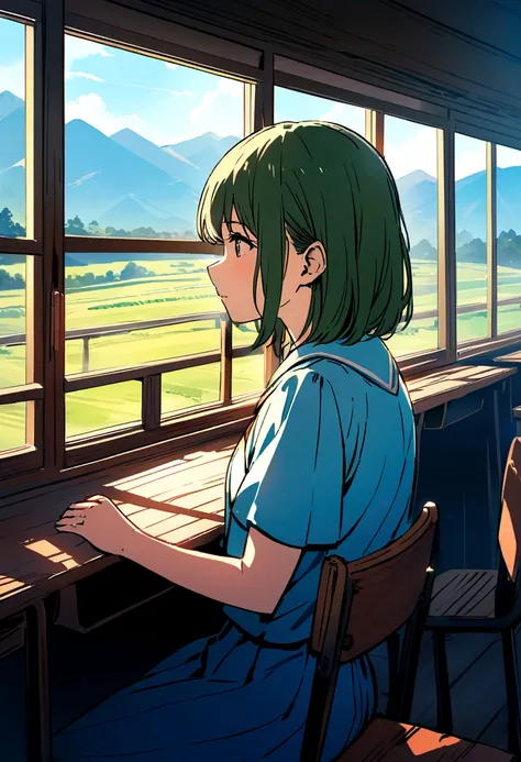 An illustration in the style of Makoto Shinkai, featuring a Japanese high school girl looking out of a classroom window in the countryside. The classroom has traditional wooden desks and chairs, and the window reveals a scenic view of lush green fields, di...