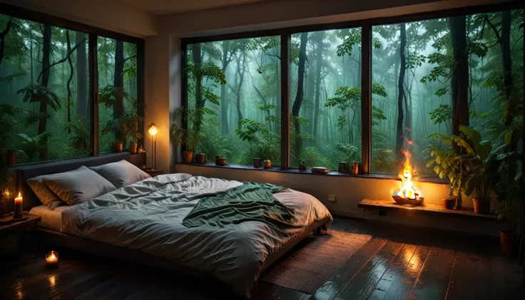 bedroom view with fire in the fireplace in the room, large windows overlooking the forest, quiet night. original image, rainy da...