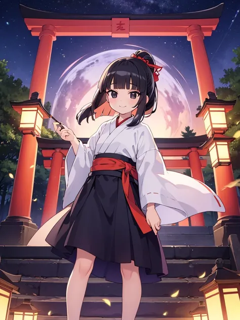 masutepiece, ultra-detailliert, best quality, at night, little smile, a lot of fireflies, Shrine maiden, shrine, Deep forest, Stone torii gate, Black Hair, long hair, (Blunt Bangs:1.6), Hair tied in a ponytail, black eyes, Juozhen, White Fox,