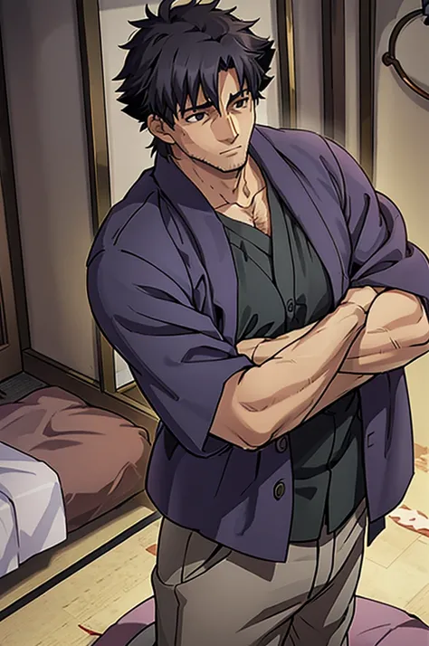 You are facing Kiritsugu Emiya in bed. His body is very muscular; his chest is sweaty, hairy, and massive. He has a embarrassing growl on his face, while cuddling.