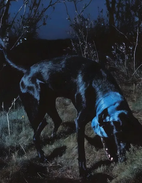  black dog in forest at night, blue background