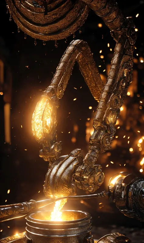 detailed golden forge, glowing molten metal, intense flames, muscular blacksmith, sweat glistening, dynamic movement, intricate details, rich color palette, dramatic lighting, cinematic composition, award winning digital art, concept art, octane render, un...