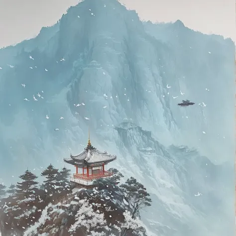 There is a painting，There is a pagoda on the mountain，Birds flying around, inspired Wang Shimin, Wang Shimin, Chinese style, Chinese Ink Painting, Chinese painting style, Chinese painting, Inspired by Tomomi Kawase, By Wen Boren, inspired by Shen Shichong,...