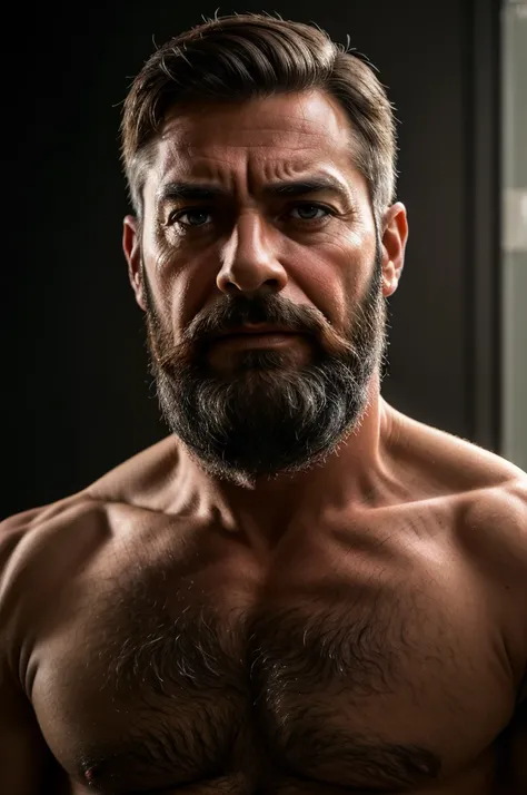 Mature male, little bearded, half-breasted, frowning,4k, high-res, masterpiece, best quality, sharp focus, (cinematic lighting), collarbone, [:(detailed face:1.2):0.2]