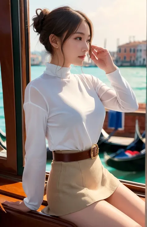 (Rim Light、A luxurious white shirt and white panties、Hair tied up、Woman riding a gondola in Venice、Woman toasting with a red Venetian glass:1.4).Woman in a gondola in Venice、Light brown hair、Elegant hairstyle、Blue Eyed Woman、A woman with a cute upward gaze...