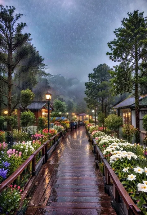 heavy rain, midnight   ,  foggy and raining,  wet  , the path stretches along a wooden promenade filled with small flower