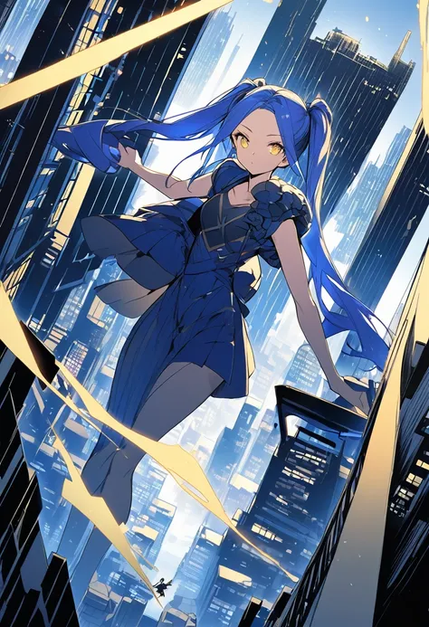 (One very tall woman,Navy Blue Hair,Her hairstyle is twin tails that expose her forehead., yellow eyes,Medium chest,Dynamic Angle)black１Color ,blackの長ズボン,The woman is carrying a spear in one hand.,Cityscape