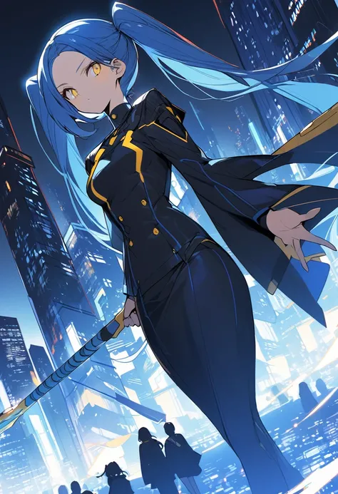 (One very tall woman,Navy Blue Hair,Her hairstyle is twin tails that expose her forehead., yellow eyes,Medium chest,Dynamic Angle)black１Color ,blackの長ズボン,The woman is carrying a spear in one hand.,Cityscape