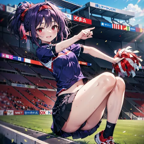 yuukikonno, yuuki konno, hair band, Long Hair, Pointed Ears, Purple Hair, (Red eyes:1.5), (Small breasts:1.2), Open your mouth wide,(Very delicate eyes), (cheer leading), (whole body),smile,blush,Lower, (Sweaty), Sweaty Wet Clothes, (Purple clothes), Pleat...