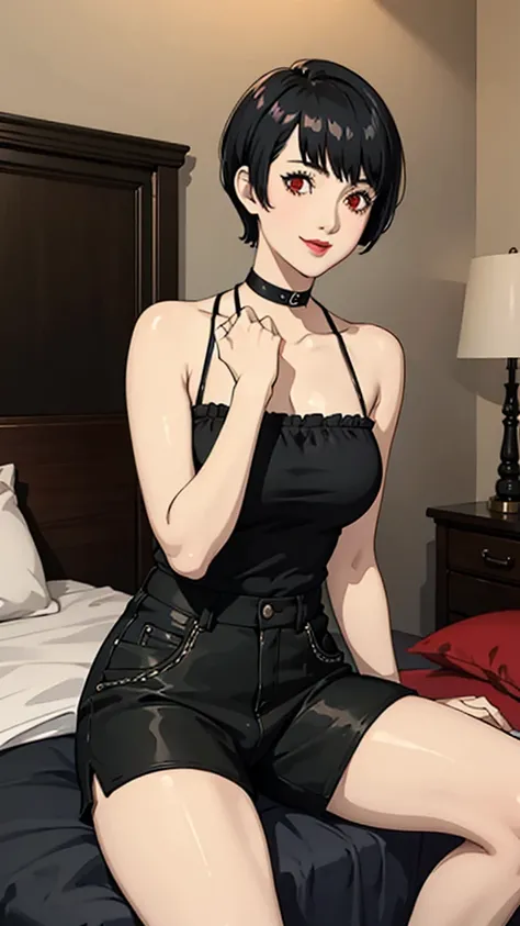 1 girl, Red eyes, very Short hair, black choker, lipstick, smile, black hair, female , tomboy Pixie haircut, bandeau, shorts, stockings, thicc legs, bedroom, cowboy shot, sit