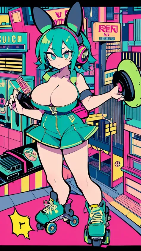 Best quality, (masterpiece:1.2), best detail face,1 girl is walking, big breasts, 18 yo, 8k,absurdres,unity 8k wall paper,(extremely detailed:1.3), highest realistic, (retro headphones:1.1),(psychedelic:1.2),Retro cityscape, 1girl in, retro artstyle, neon ...