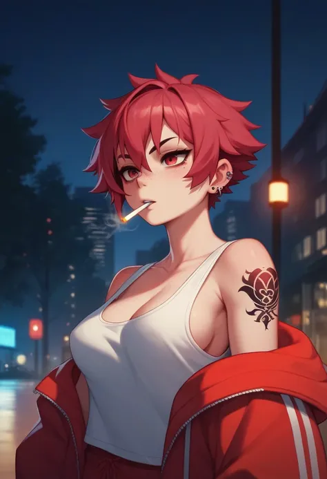 Crimson hair, black highlight in hair, short hair, tomboy, Japanese sleeve tattoo, neat ear piercings, thin tanktop, b cups, no bra, one cigarette in mouth, streetwear, freckle on right boob, night, city background, empty hands, sharp anatomy