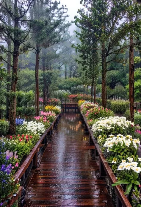 heavy rain, midnight , foggy and raining, wet , the path stretches along a wooden promenade filled with small flower