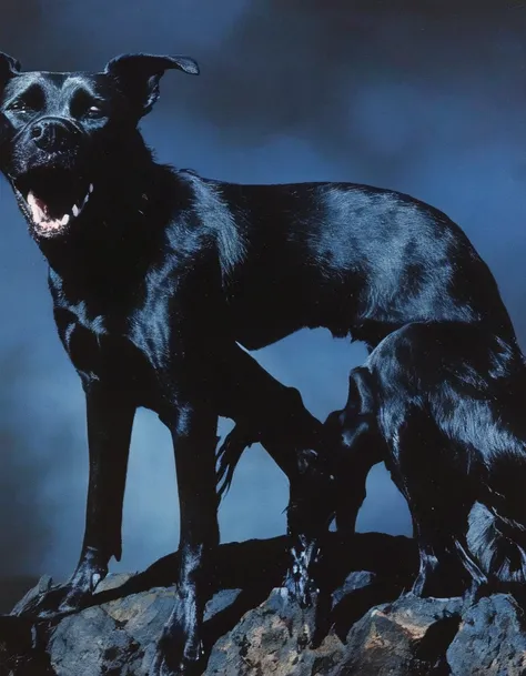  black dog in horror scene, blue background