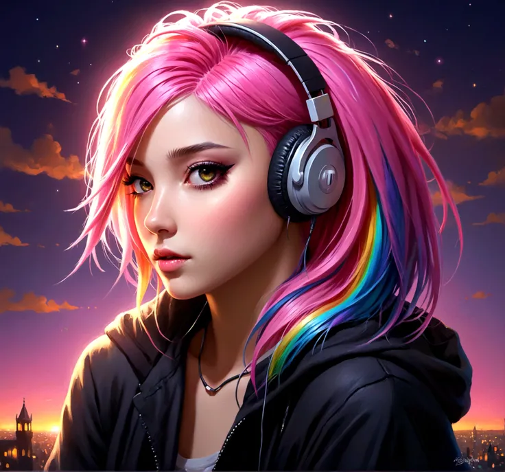 masterpiece, highest quality, beautifully (One girl), Very detailed,colorful, Most detailed、Pink rainbow hair, headphones on, night time 