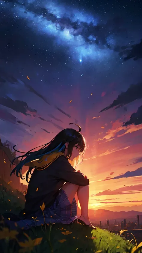 girl with, blows wind,Fluttering hair，gust of wind， Colorful, , ​masterpiece, Sit up, From Side, From Side, A smile, starrysky, stele