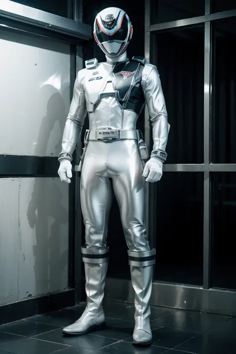 1boy, white, full body, Illustration, cinematic light, high resolution, best quality, ultra detailed, masterpiece, power suit, powerranger, suit, spd, (Silver ranger suit))