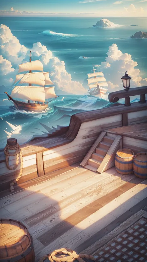 A ship floating on the sea，Barrels and scattered reins were neatly placed on the wooden deck.，In the distance, two ships are floating on the rough sea.，An island in the distance，There is also blue sky, white clouds and seagulls，Natural light，High-definitio...