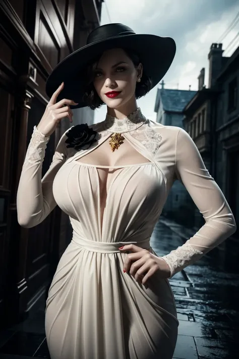 Resident Evil 8,Madame Dumitrescu,Short Hair,Pure white skin,Golden eyes,tall,White long dress,Black hat, black rose brooch,Photorealistic,Ultra HD,high quality,masterpiece,Digital SLR,Detailed details,Intricate details,Anatomical basis,Depicted in detail,...