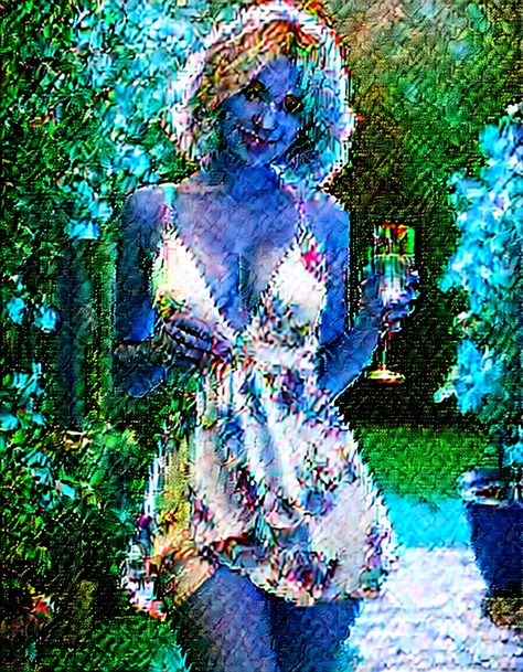 shy girl, hair covering her eyes, wearing a very short sun dress, bashful pose, upskirt, there is a shy woman in a very provocative pose wearing a pretty sundress standing at a garden party holding a glass of champagne with panties showing, candid pose, ca...